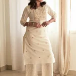 Off White Embroidered Cotton Straight Kurta