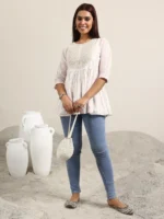 Off White Printed Cotton Anarkali Short Kurti - Image 5