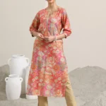 Peach Printed Silk Blend Straight Kurta