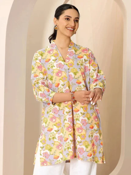 Multicoloured Printed Cotton Blend Straight Short Kurti