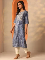 Blue Printed Silk Blend Straight Kurta - Image 2