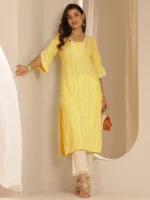 Yellow Printed Rayon Straight Kurta - Image 3