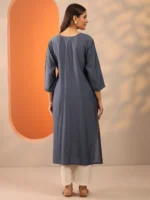 Grey Embroidered Silk Blend Straight Kurta - Image 3