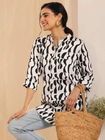 White Printed Silk Blend Straight Tunic