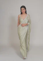 Pista Green Stonework Semi Crepe Saree - Image 3